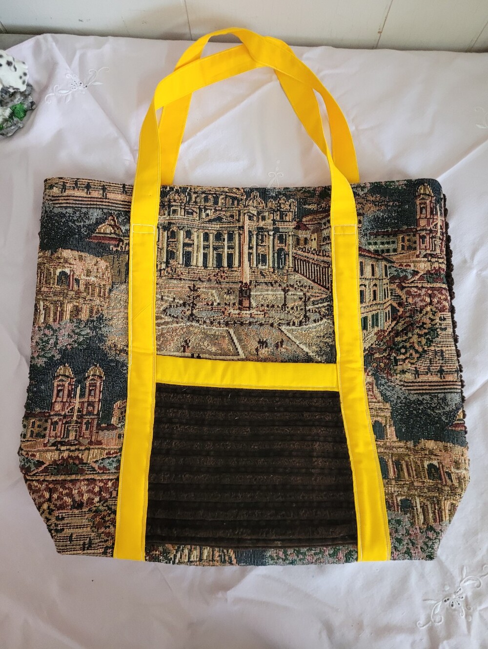 Handmade Tapestry Tote Bag Linned Side Pocket Yellow Straps